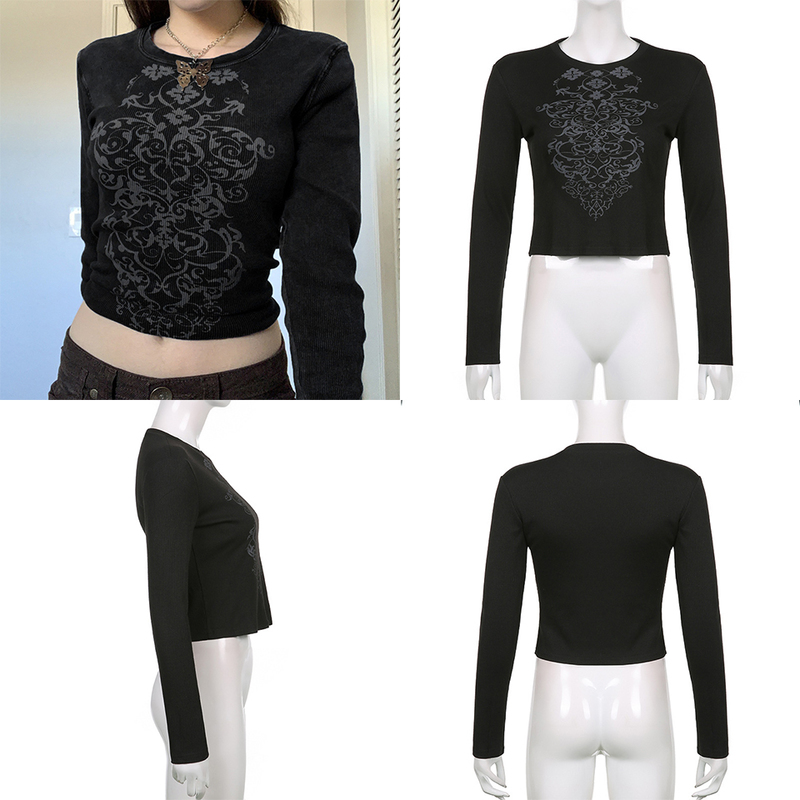 Women Grunge Tshirts Y2K Fairy core Harajuku Graphic Print Cute Casual Long Sleeve Streetwear Psycho Dark Academia Tops 220328