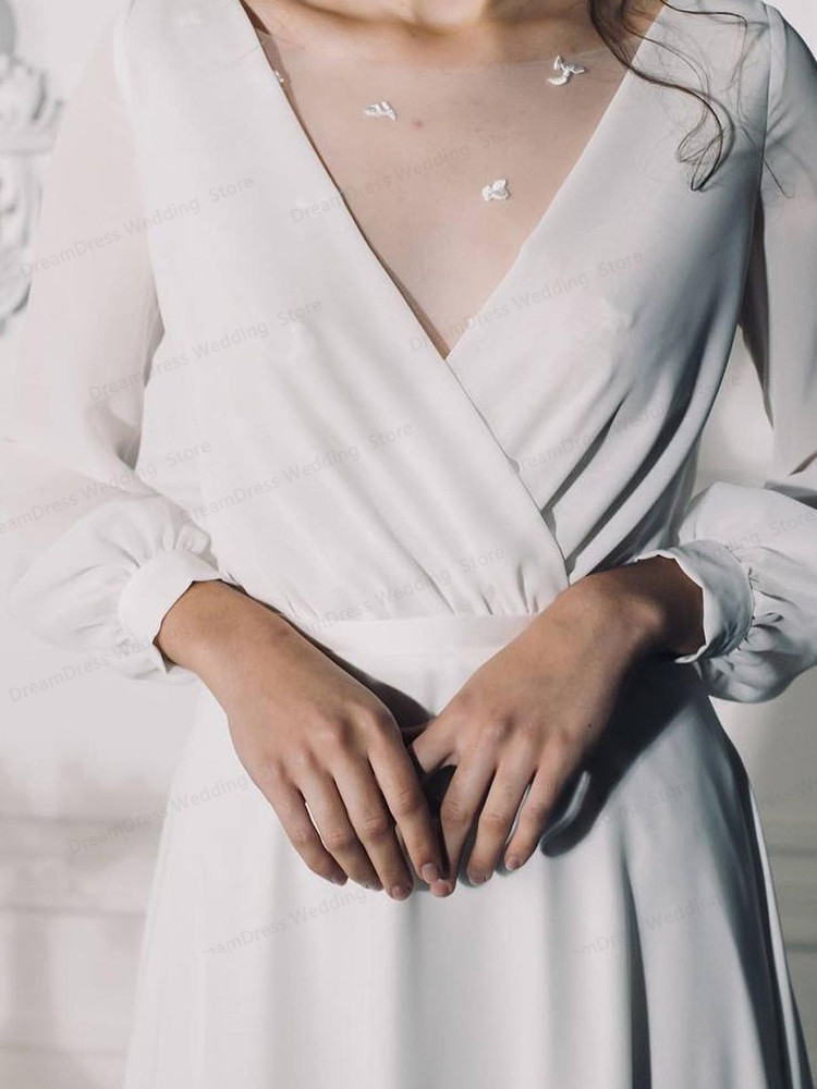 Simple Long Sleeves Chiffon Wedding Dress 2022 V-Neck Floor-Length For Bride Robe De Mariée Custom Made Behomia Vestidos De Noiva