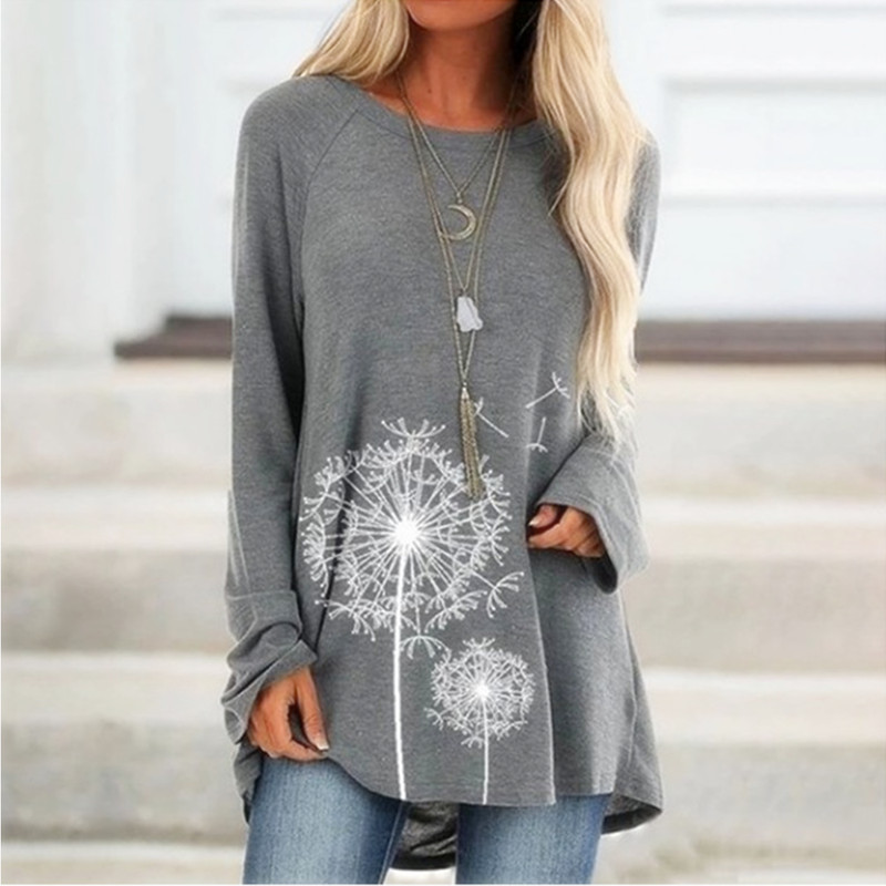 Autumn Women Tops Floral Dandelion Print Long sleeved T shirt Round Neck Loose Casual Pullover Ladies Top 220714