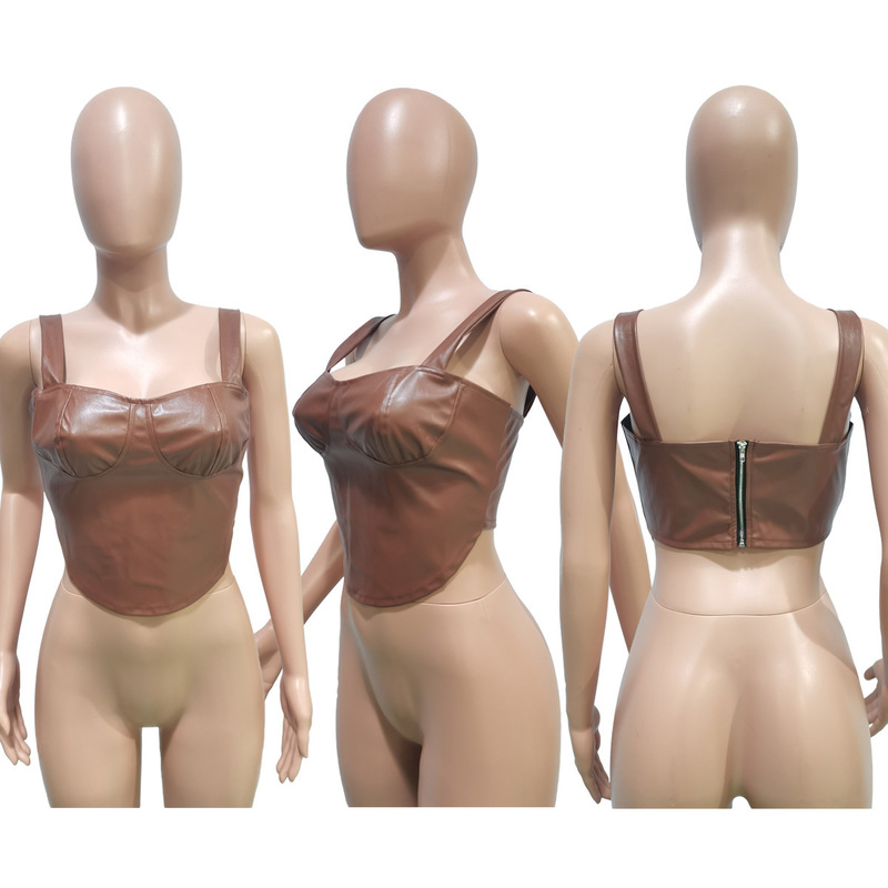 CM.YAYA Women Solid Sleeveless Faux Leather PU Tank Tops Fashion Tunic Crop 220316