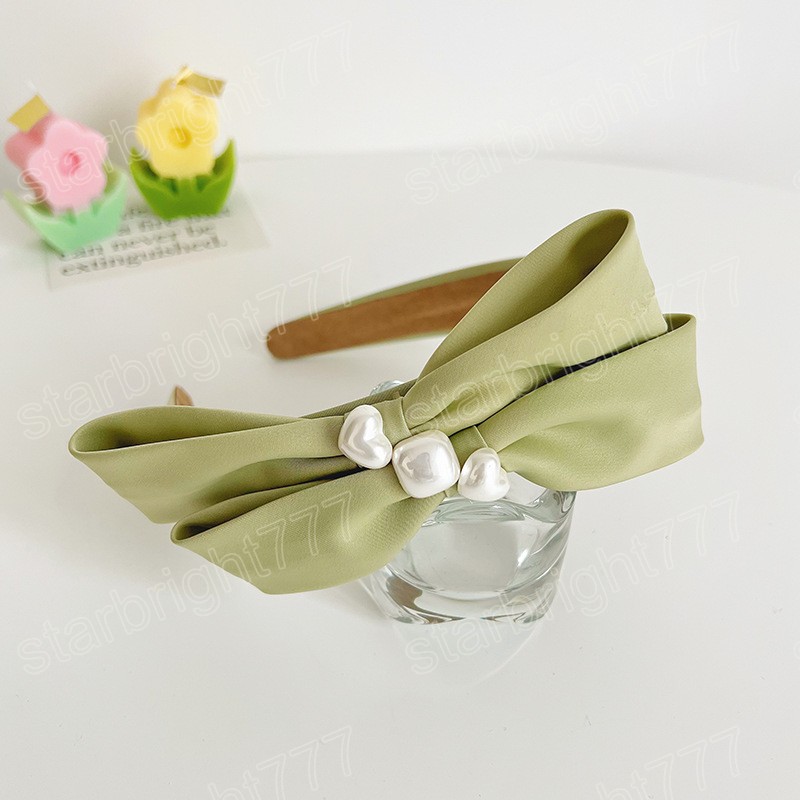 Satin Bow Heart Pearl Hairbands Headbands Ornament Women Candy Color Hair Hoop Hair Accessories Wholesale