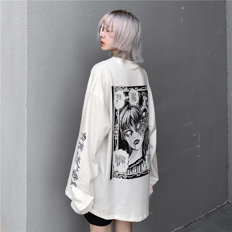 QWEEK Gothic White T-shirt Women's Harajuku Long Sleeve Mall Goth Top Vintage Grunge Alt Clothes Aesthetic Kpop Korean 220321