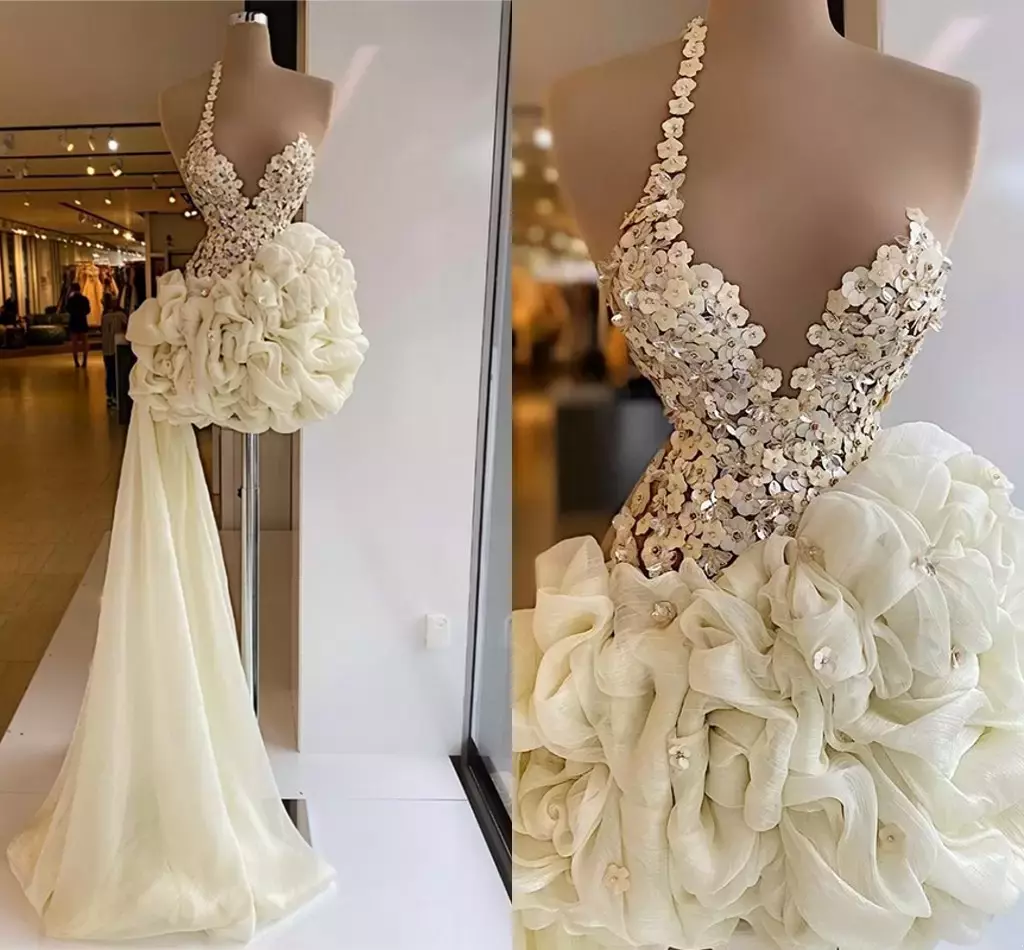 2023 White Ruffles Short Dresses Mini Prom Dress Beading Lace Sequins With Detachable Train Evening Dresses Ball Dresses
