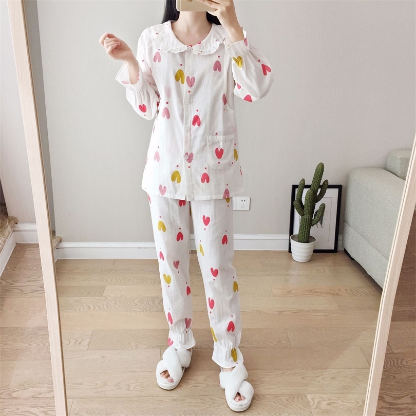 Double Layer Gauze Doll Collar Pajamas Set Spring and Summer Models Pure Cotton Maternal Confinement Piyamas Women Twopiece T200429