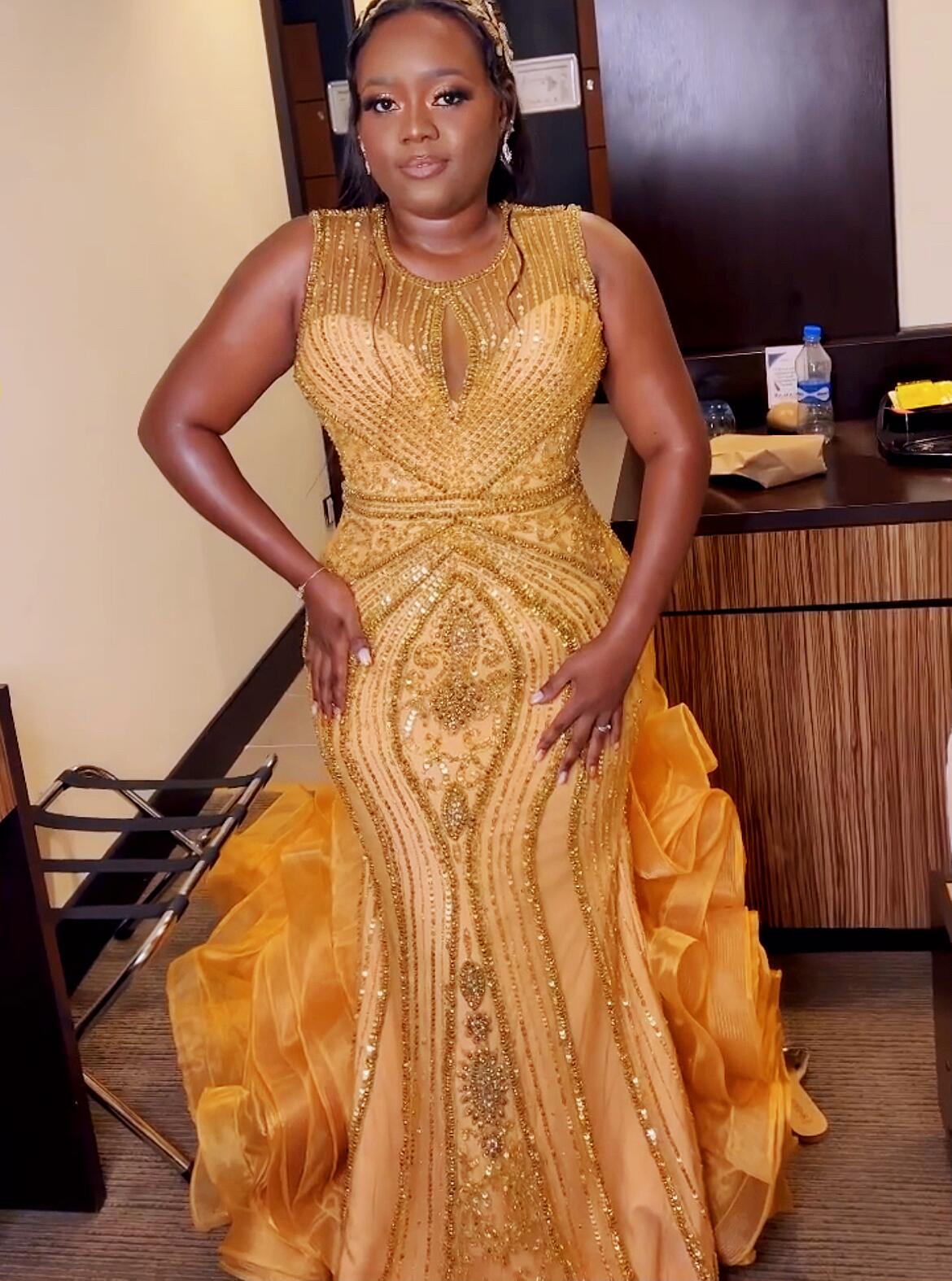 Plus Size Arabic Aso Ebi Luxurious Mermaid Gold Prom Dresses Sheer Neck Evening Formal Party Second Reception Birthday Engagement Gowns Dress ZJ506