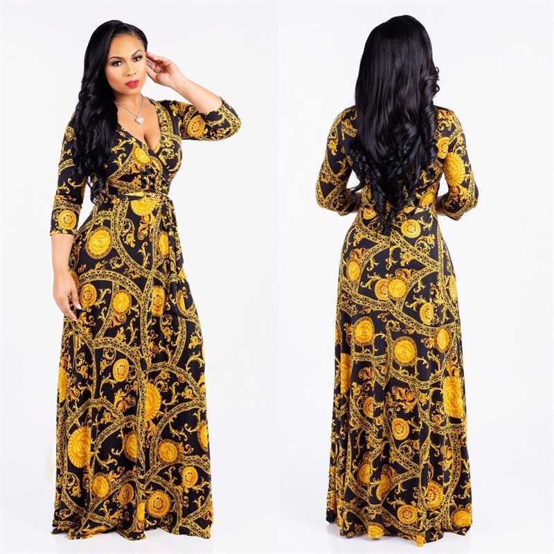 Woman Maxi Dresses Spring Fall V Neck Floral Printed Ruffle Lace Up Casual Dress Plus Size 3XL