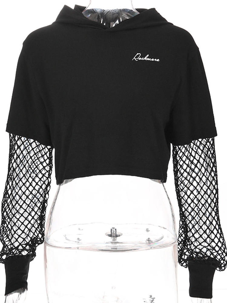 Black Cropped Sweatshirt Long Sleeve Top Women Hoodies Hooded Streetwear Kpop Harajuku Hoodie Crop Tops Mesh Hoody Clothes 220324