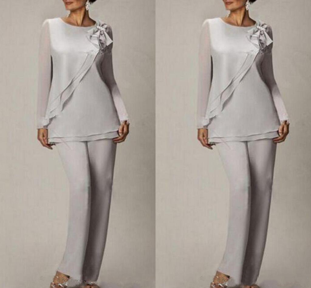 Silver Chiffon Summer Mother Of the Bride Pant Suits Two Pieces Long Sleeves Plus Size Wedding Mothers Guest Dress Custom Made