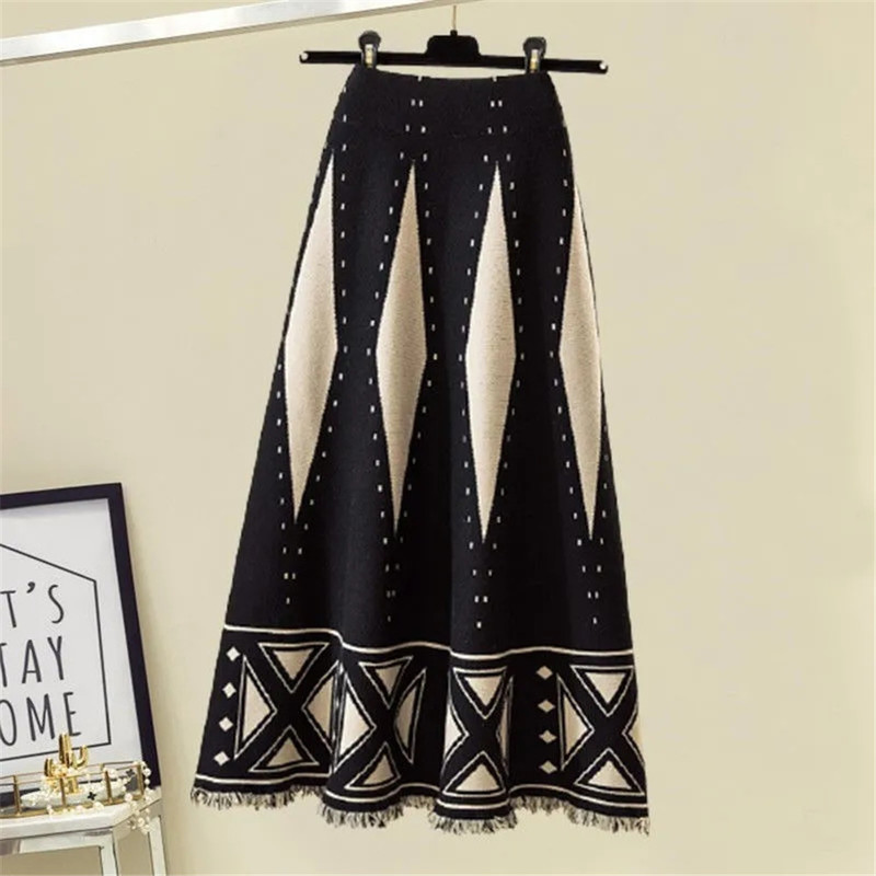 Vintage Jacquard Fringed Knit Skirt Women High Waist Stretch Loose Plus Size 4xl Long Korean Tassel Wild Daily Knitted 220317