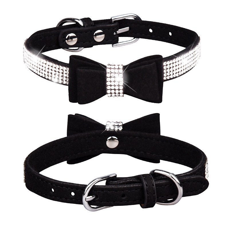Pet collar, cat and dog collar, soft velvet with bow and diamond inlay, suitable for small and medium-sized cats and dogs to wear