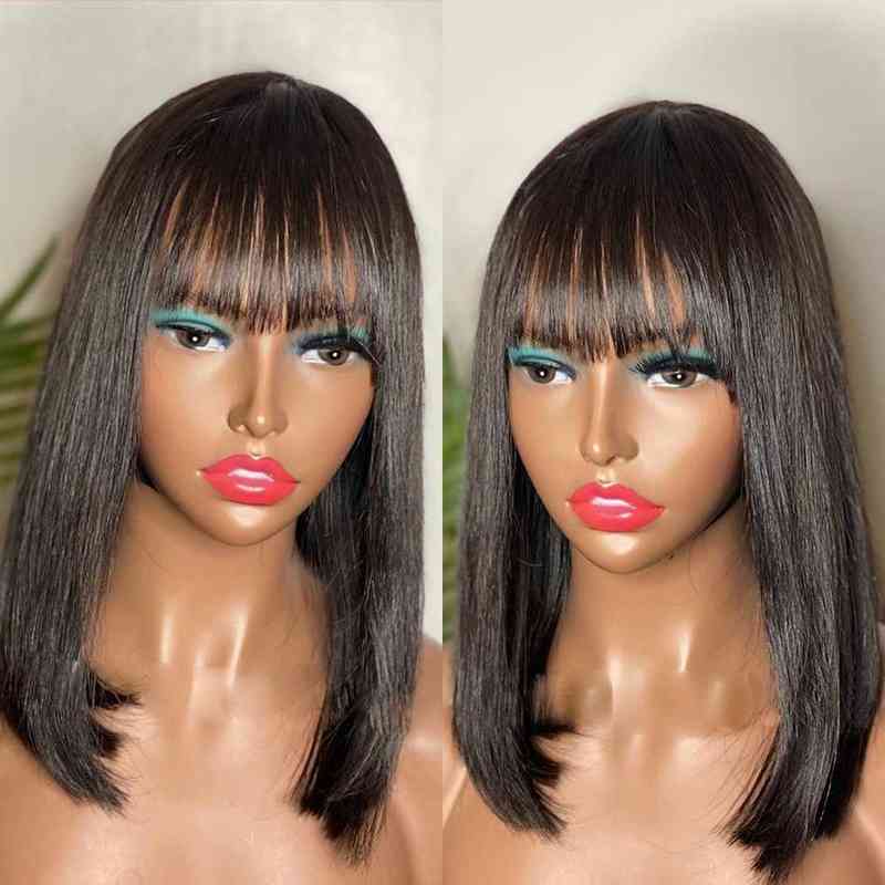 Short Bone Straight Bob Wigs With Fringe Pony Full Hine Seamless Brazilian Human Hair Wig For Womentthair L220809