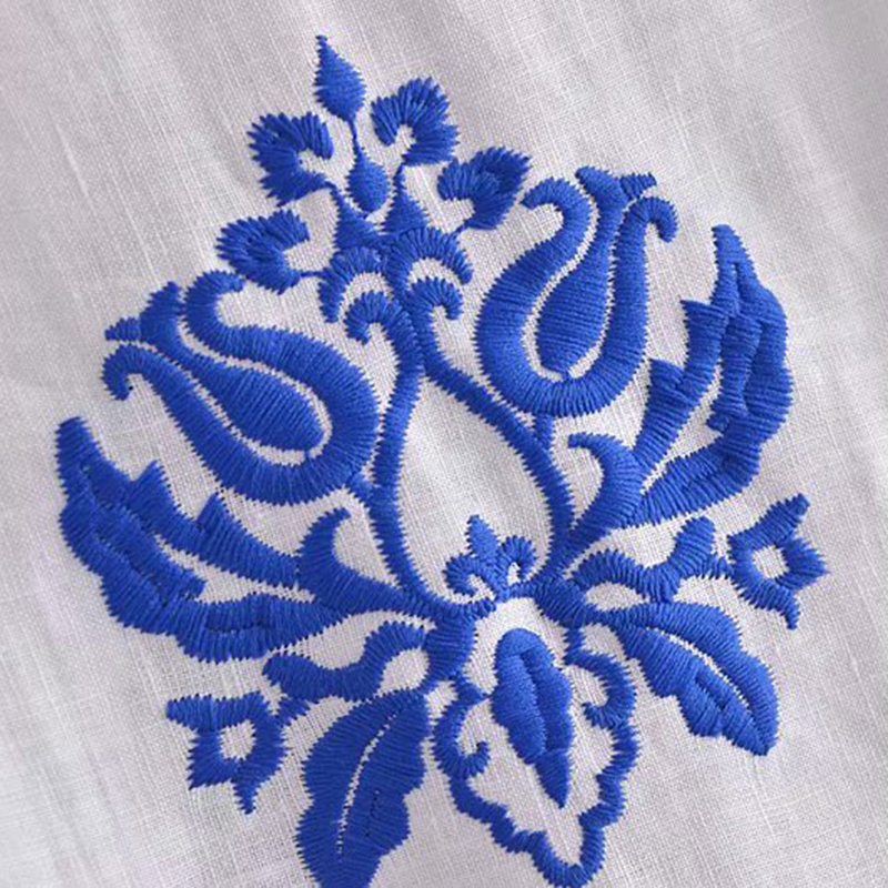 XEASY Women Blue Embroidery Linen Skirt High Waist Side Zip Vintage Summer Midi Skirts Fashion Ruffle Hem Female 220322