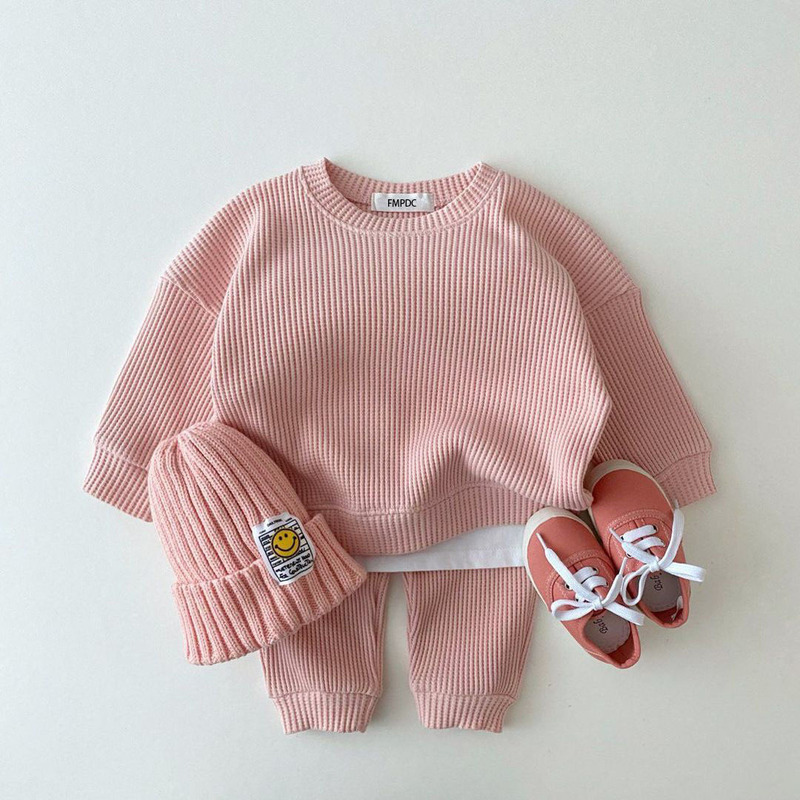 Korean Baby Clothing Sets Waffle Cotton Kids Boys Girls Clothes Spring Autumn Loose Tracksuit Pullovers Tops+Pants 2PCS 220326