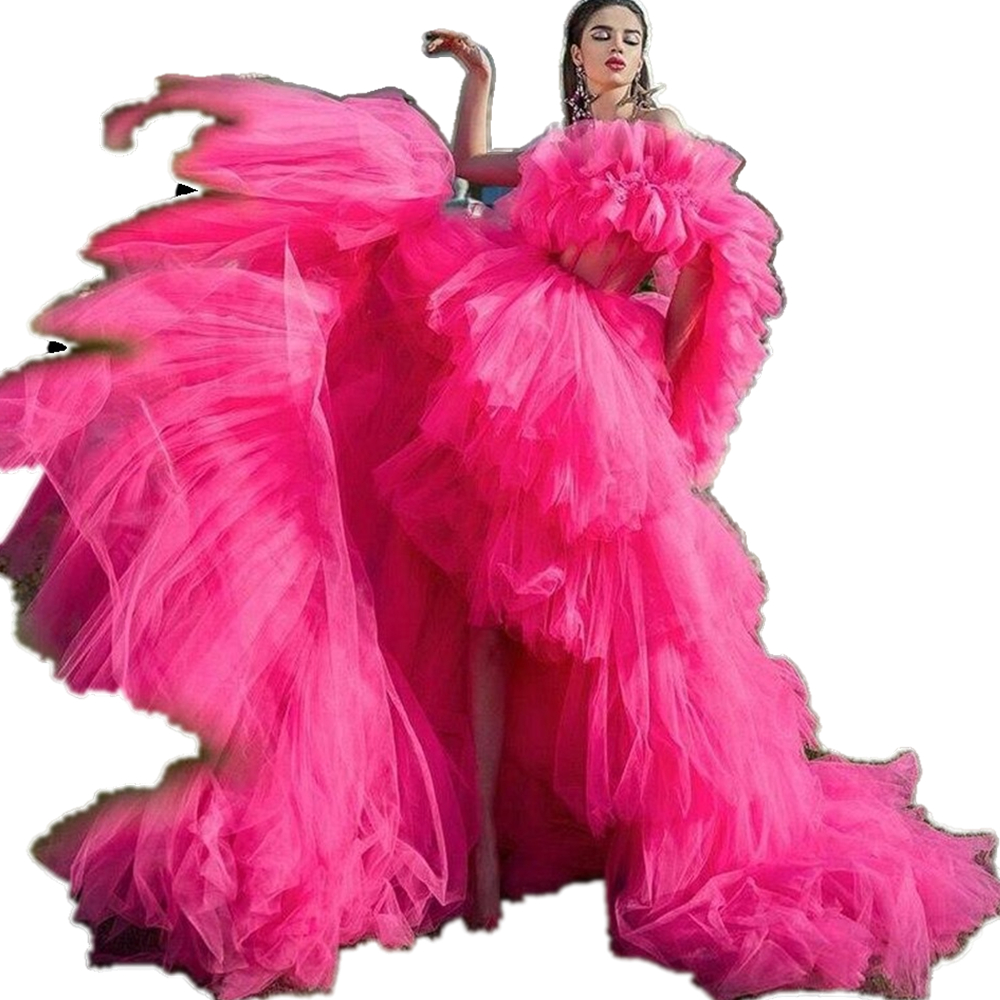 Puffy Pink High Low Prom Dresses One Shoulder Corset Tiered Tulle Celebrity Party Dress Short Front Long Back Formal Evening Gowns Women Girls Special