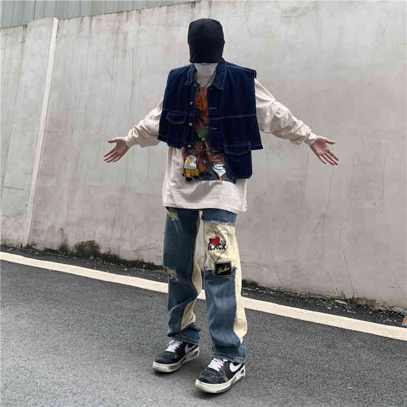 American ripped jeans men' brand Street stitching hiphop irregular design pants fashion, Blue
American ripped jeans men' brand Street stitching hiphop irregular design pants fashion, Blue
