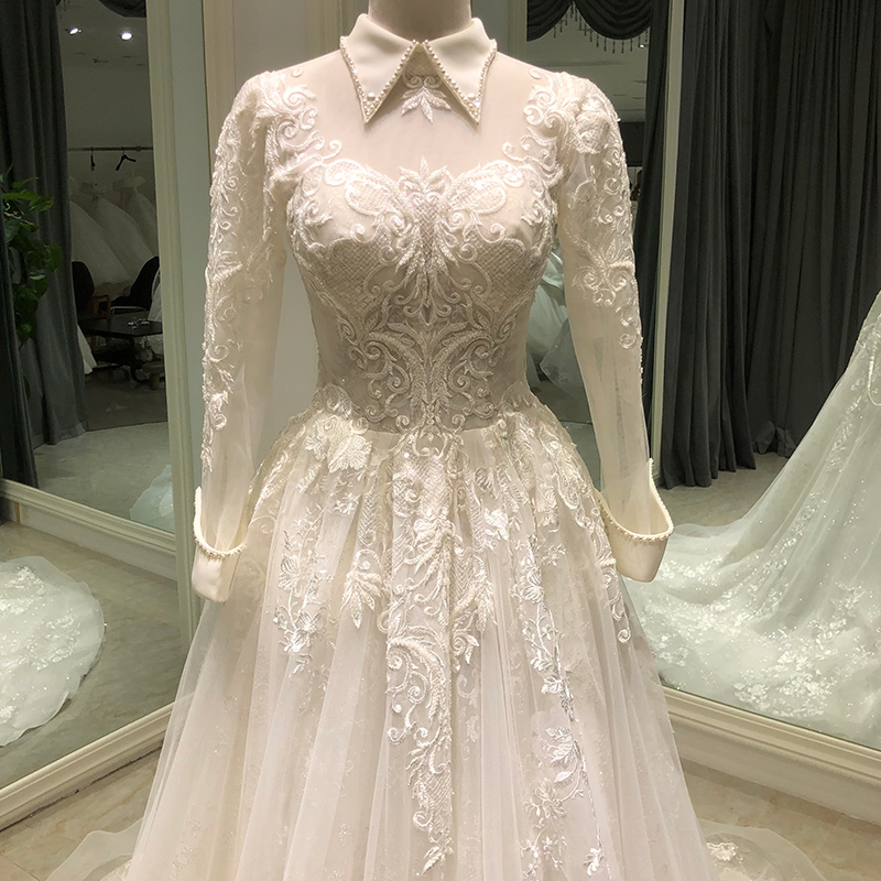 Classic Wedding Dress With Long Sleeve High Neck Applique Lace Up Organza Formal Ocn Custom Made Tulle Floor Length