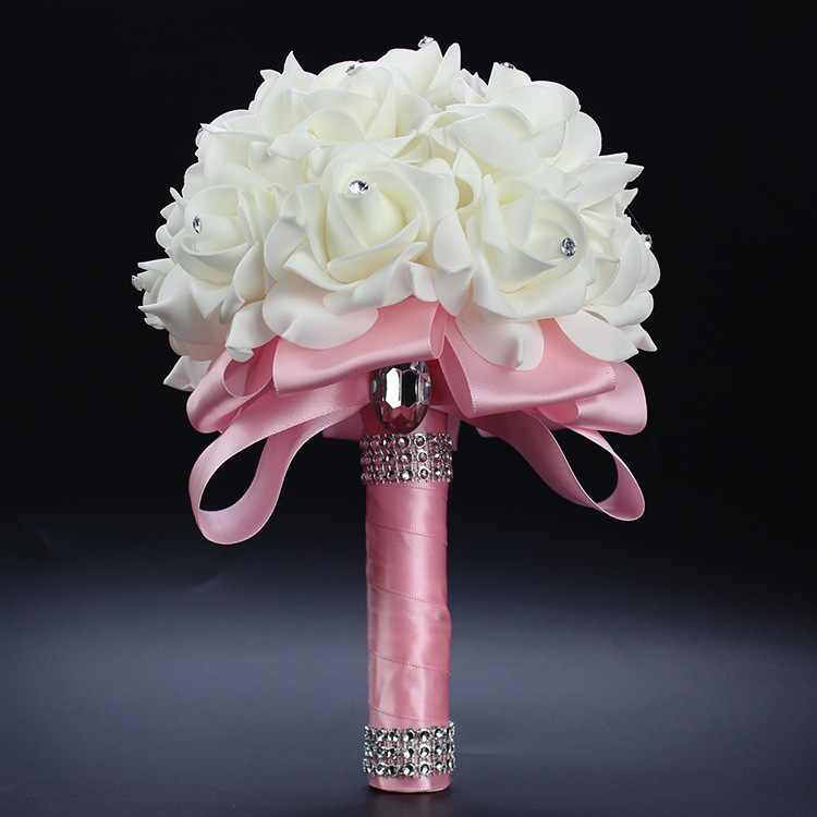 1Piece White Satin Romantic Wedding bouquet Cheap Bridesmaid Wedding Decoration Foam flowers Rose Bridal bouquet