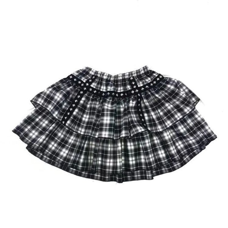HOUZHOU Gothic Mall Goth Plaid Skirt Women Harajuku Punk Rivet Black Double-layer High-waisted Mini Skirts Dark Academia Grunge 220322