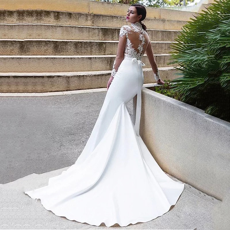 White Evening Dresses Satin Jewel Longsleeve Custom Applique Bow Button Mermaid Made Front Split Prom Dress Robe de mariée
