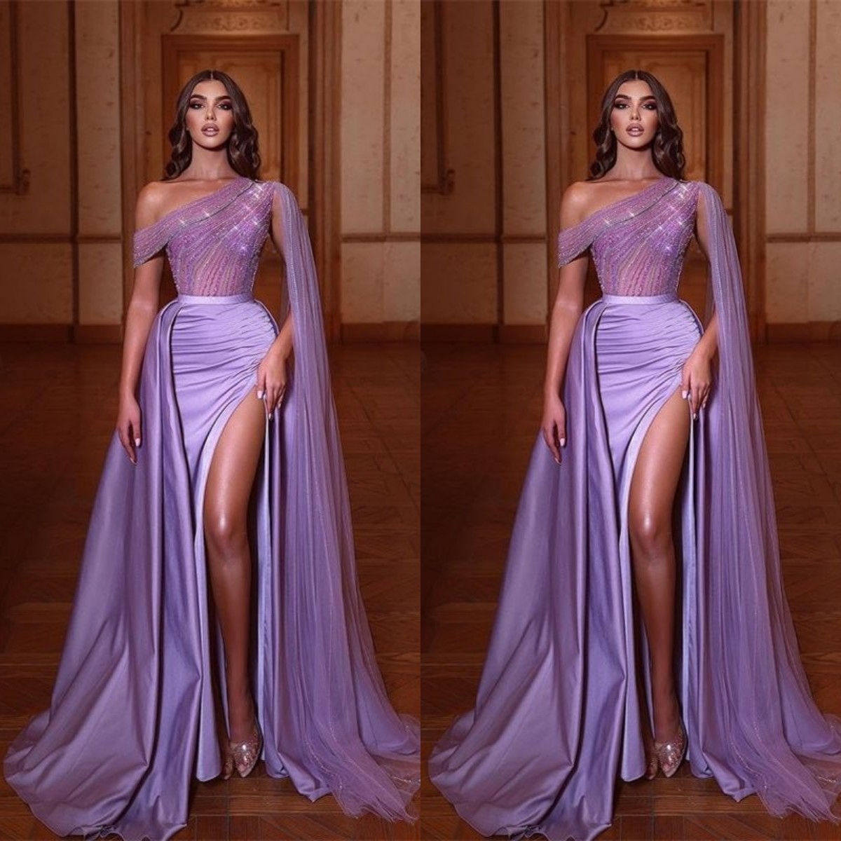 Elegant Lavender Mermaid Prom Dresses With Cape Beading High Side Split One Shoulder Women Gowns Formal Evening Dress, Purple
Elegant Lavender Mermaid Prom Dresses With Cape Beading High Side Split One Shoulder Women Gowns Formal Evening Dress, Purple
