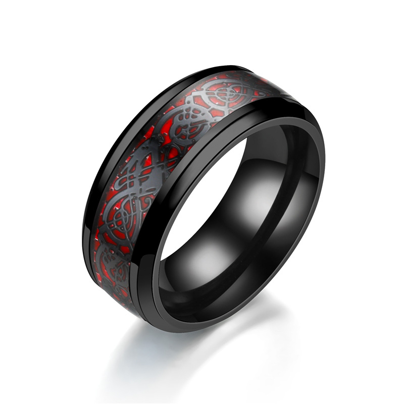 8mm Men's Stainless Steel Dragon Ring Inlay Red Green Black Carbon Fiber Ring Wedding Band Jewelry Size 6-13