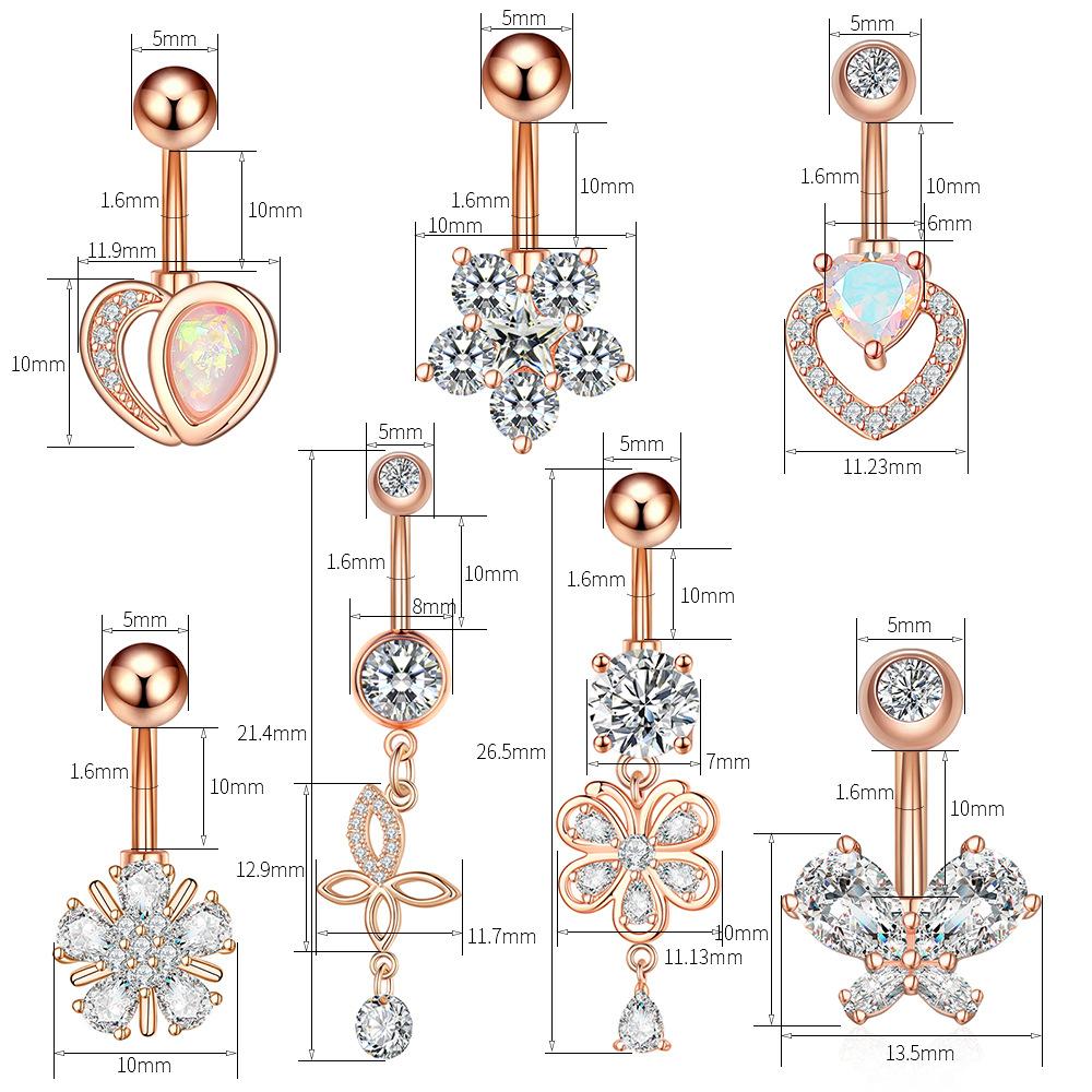 New Surgical Titanium Stainless Steel Belly Button Ring Diamond Flower Dangle Navel Barbell Stud for Women Rose Gold Cubic Zirconia Piercing Bar Bell 
