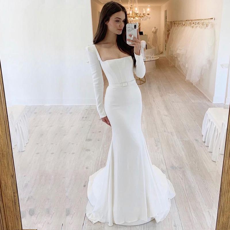 Square Neck crepe Mermaid Wedding Dresses Long Sleeve Satin Bridal Dress Sweep Train With Belt Country Bridal Gowns