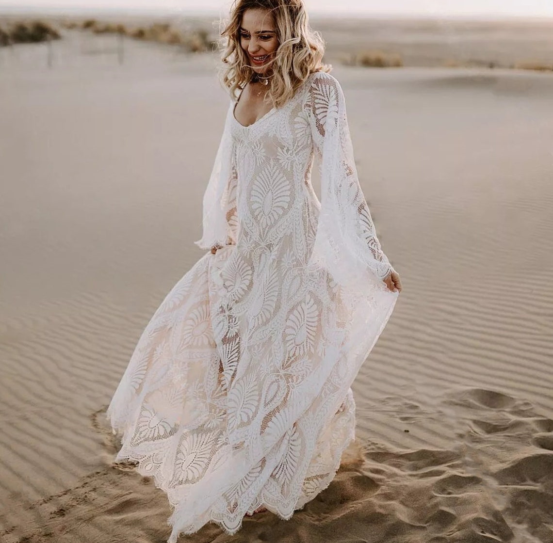 Boho Deep U Neck beach wedding dresses Sweep Train Flare Sleeve Lace open back hippie free people bohemian country bridal gowns