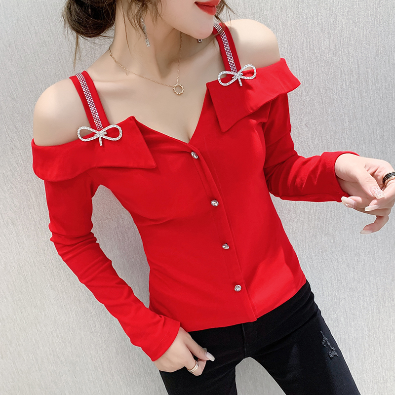 Spring Long Sleeve Women T-shirt Fashion Sexy Off The Shoulder Tshirts Tops Elegant slim Diamond Mujer Camisetas 220328