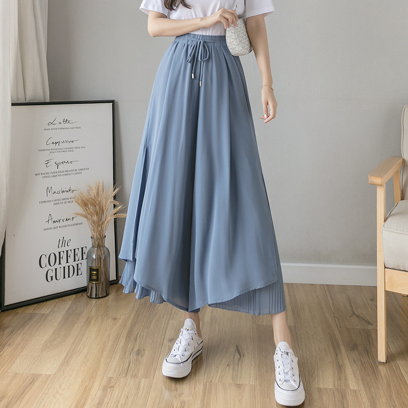 Spring Summer Style Pleated Chiffon Wide Leg Pants Fashion High Waist Drape Elegant Ankle-length Pants Skirt Trousers