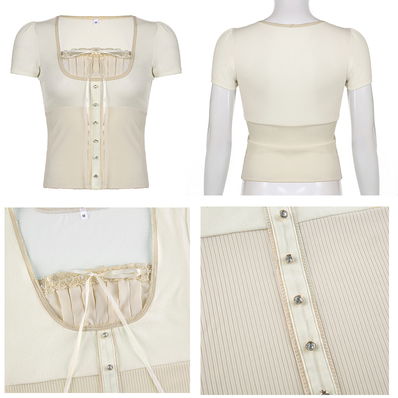 Rapcopter y2k Laec Bow Button Crop Top Knitted Square Collar Short Sleeve T Shirt Cute Sweet Summer Tee Women Prepply Korean 220714