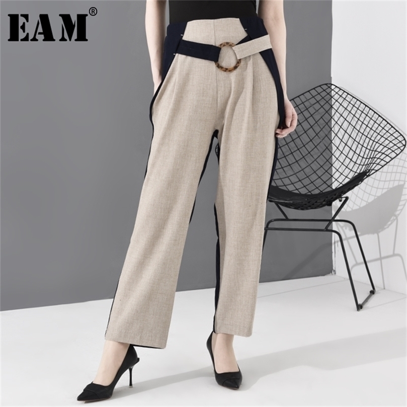 EAM High Waist Apricot Contrast Color Long Wide Leg Trousers Loose Fit Pants Women Fashion Spring Autumn JO374 201228