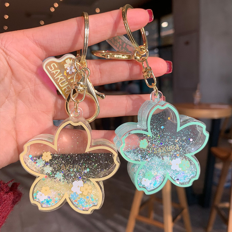 Acrylic Flower Keychains Sakura Car Key Chain Ring Accessories Women Fashion Schoolbag Pendants Bag Charms Cute Gold Metal Keyrings Jewelry for Girls 