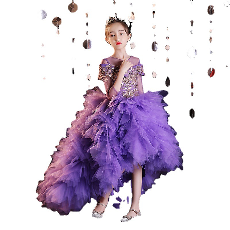 Purple Puffy Girls Dresses 3D Flower V Neck Long Train Kids Teens Pageant Gowns Sequined Birthday Party Dress For Wedding Cooktail Gown 403