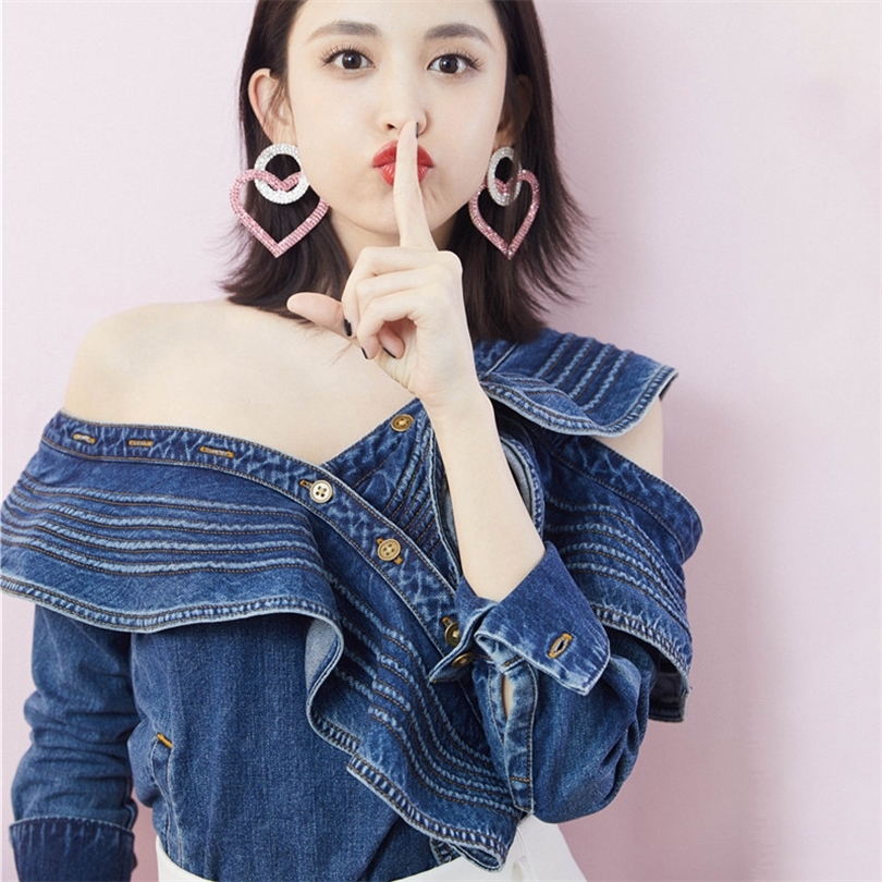 2020 Spring Sexy Denim Shirt Women Ruffles One Off SHoulder Long Sleeve Women Blouse Blue Denim Jeans Blouse Ladies Tops T200321