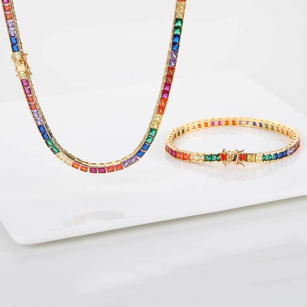Simple hip-hop Necklace jewelry 4mm color tennis chain copper inlaid color square zircon hipster bracelet