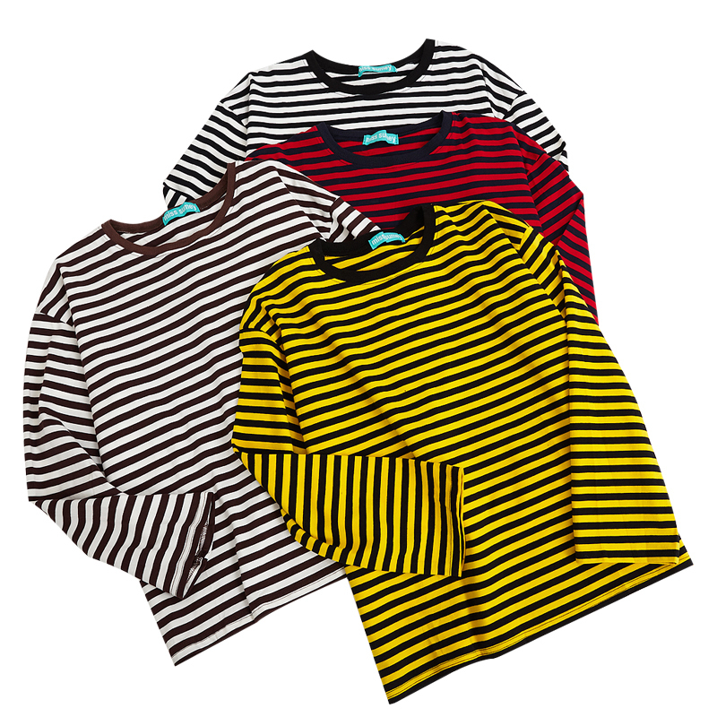 Vintage Fashion Basic Loose Casual Striped All Match Simple Long Sleeve Female T shirts 220714