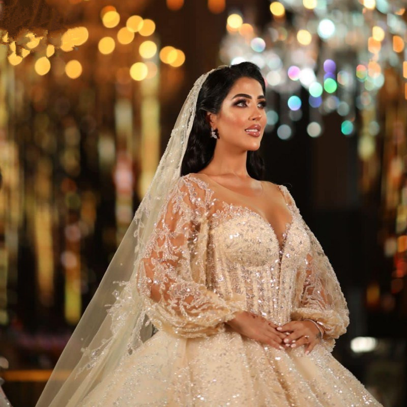 Princess Ball Gown Wedding Dresses Bridal Gowns V Neck Lace Strapless Long Sleeve Appliqued Sequins or Length Train Plus Size Robe De Mariee Custom Ma