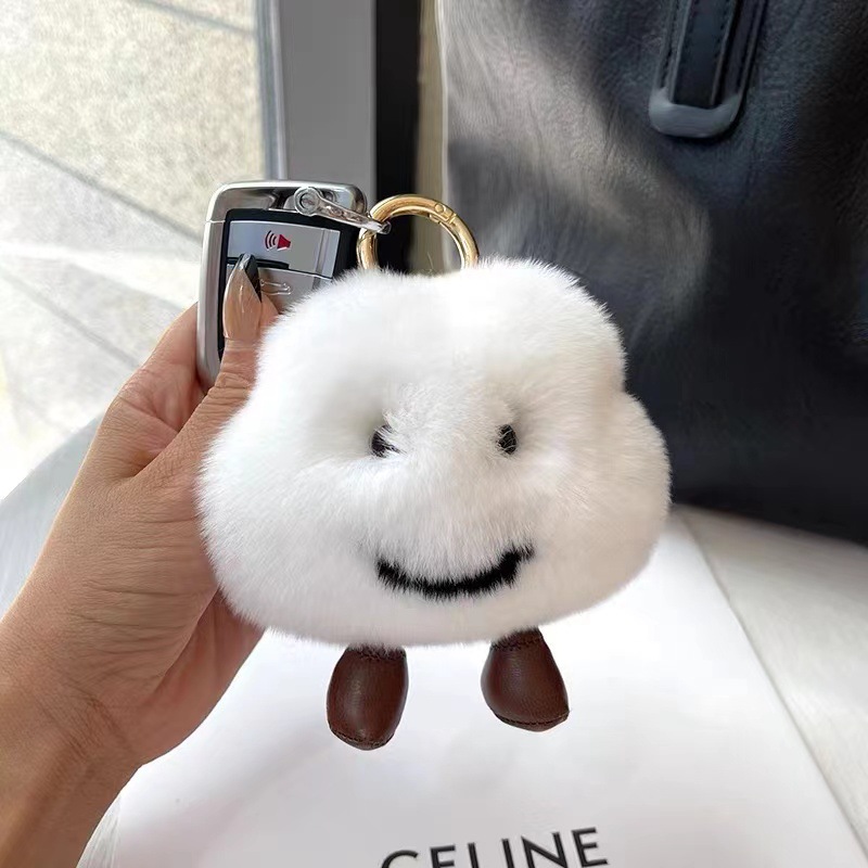 Cute Key Rings Real Rex Fur White Cloud Smile Face Bag Pendant Keychain