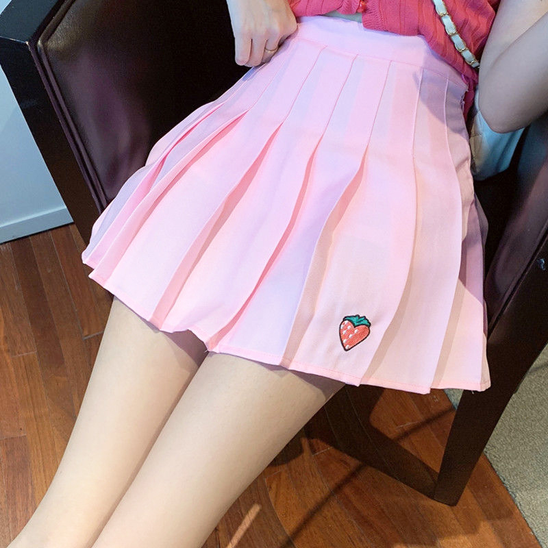Korean Fashion Y2k Summer Women Skirts Sweet Strawberry Embroidery Pleated High Waist Kawaii Girl Student Short Mini 220317
