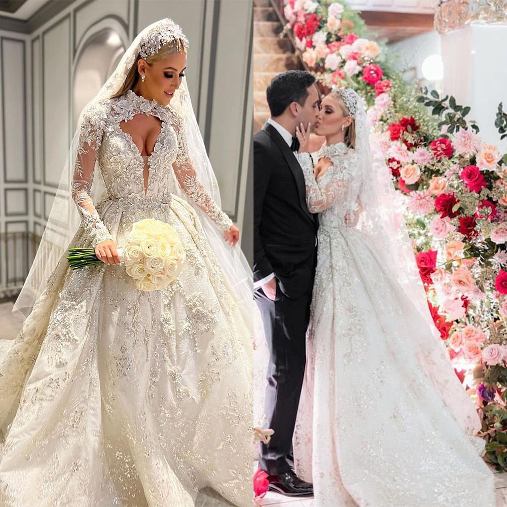 3D Floral Appliques A Line Wedding Dress High Neck Long Sleeves Vestido Casamento Lace Beads Flowers Bridal Gowns