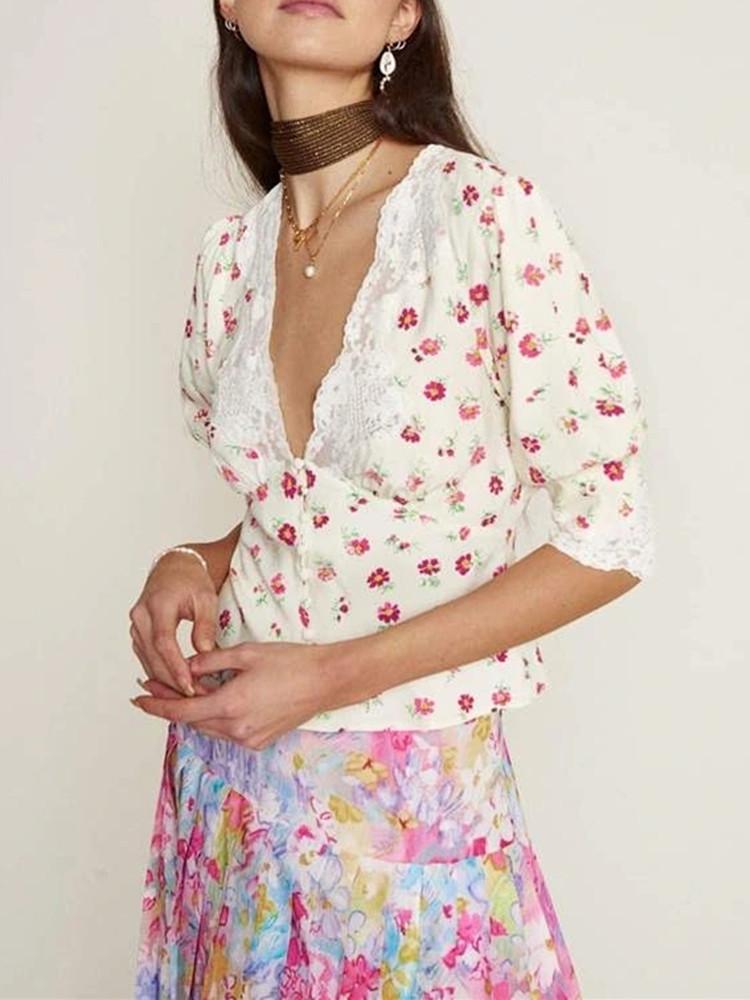 Women' Blouses & Shirts Women Lace Stitching V-Neck Floral Retro Blouse 2022 Summer Ladies Short Sleeve Slim Waist Button-up Shirt And Tops, Dark blue
Women' Blouses & Shirts Women Lace Stitching V-Neck Floral Retro Blouse 2022 Summer Ladies Short Sleeve Slim Waist Button-up Shirt And Tops, Dark blue