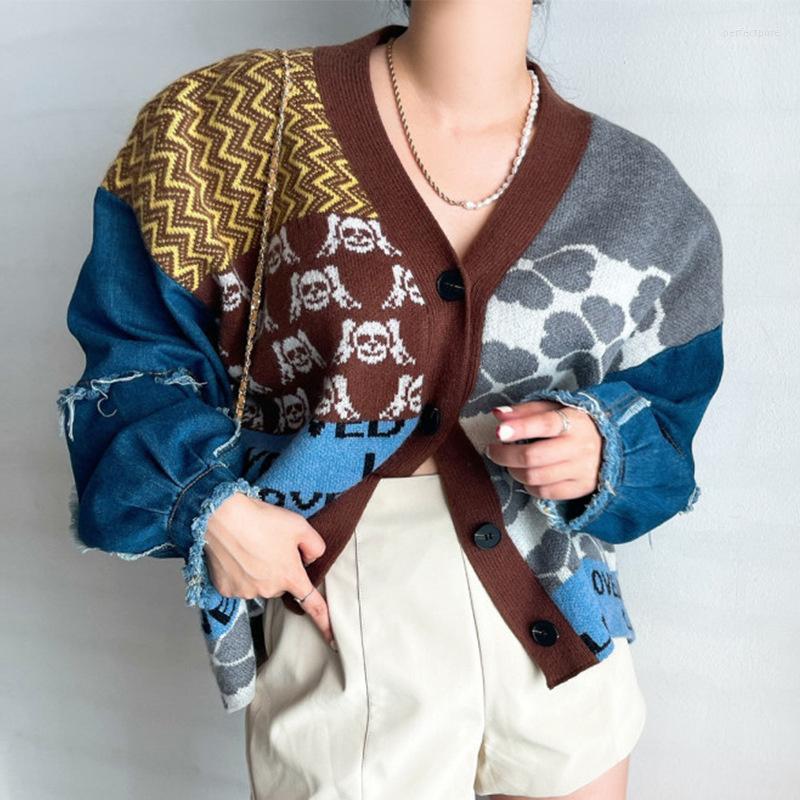 Women's Knits & Tees Korean Chic Autumn Winter V-neck Jacquard Single Breasted Knit Stitching Loose Denim Bubble Sleeve Top Perf22, Picture color 
Women's Knits & Tees Korean Chic Autumn Winter V-neck Jacquard Single Breasted Knit Stitching Loose Denim Bubble Sleeve Top Perf22, Picture color