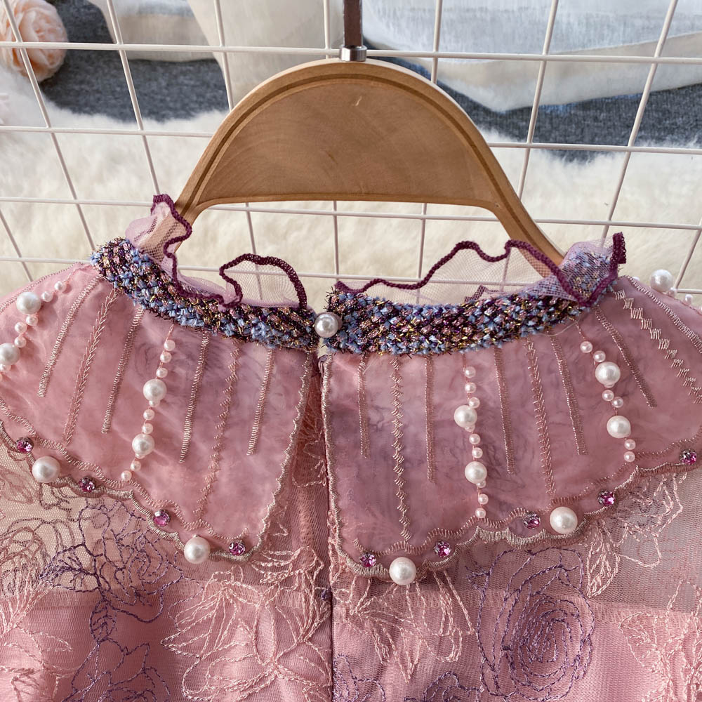 Floral French Style Long Dress Summer Women Zipper Beading Long Sleeves Embroidery Ladies A Line Slim