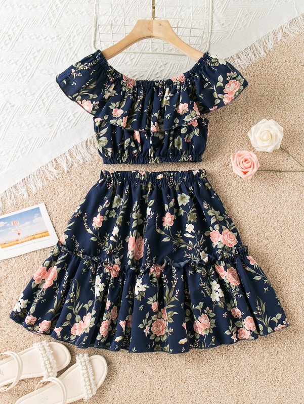 Girls Floral Print Ruffle Trim Top & Skirt SHE