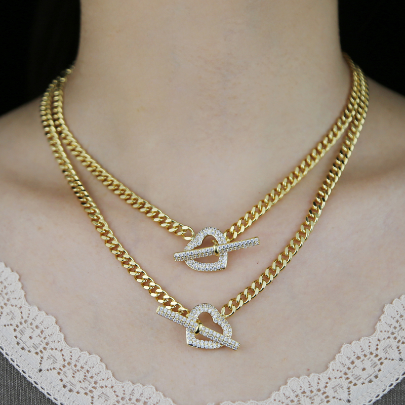 Cuban k Chain Heart Clasp Necklace: Gold-Plated Micro Paved Clear Cz