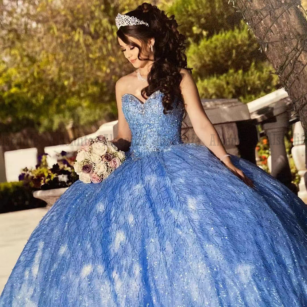 Romantic Blue Sparkly Quinceanera Dresses Beading Sweet 15 16 Years Old Girl Princess Prom Gowns