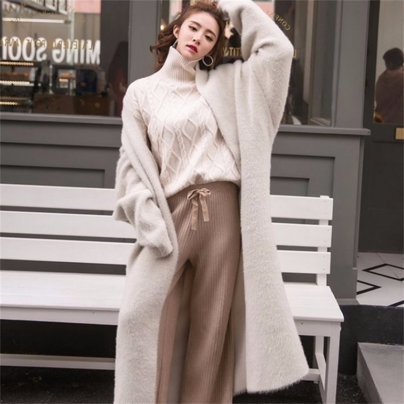 Autumn And Winter Korean Boutique Mink Cashmere Cardigan Sweater Female Long Coat sweater cardigan 201222
