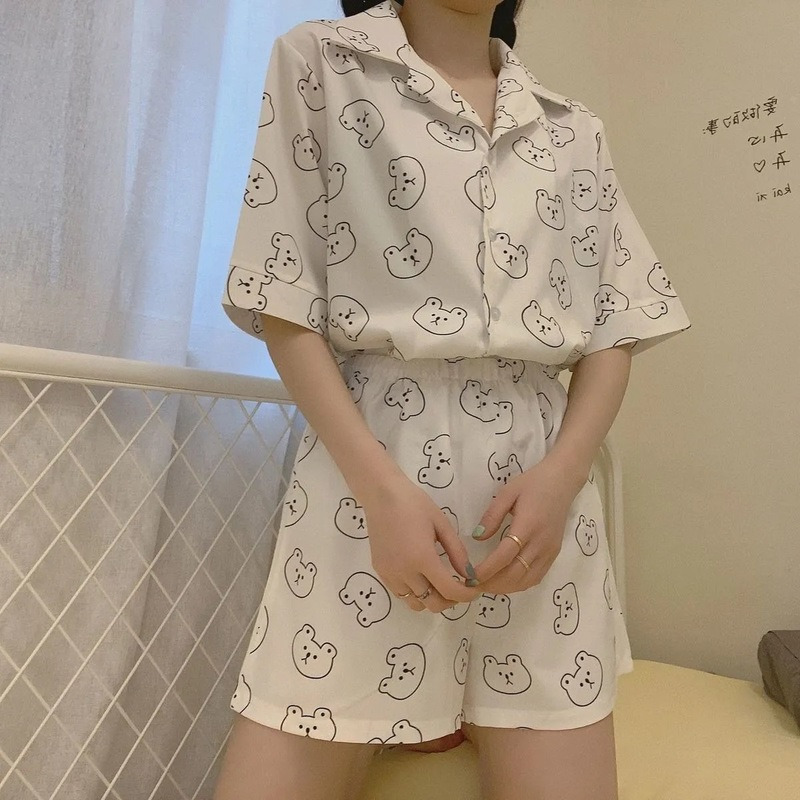 QWEEK Korean Style Bear Print Pyjamas Women Clothing Sets Summer Plus Size Pajamas for Teen Girls Kawaii Pijamas Sleepwear 220329