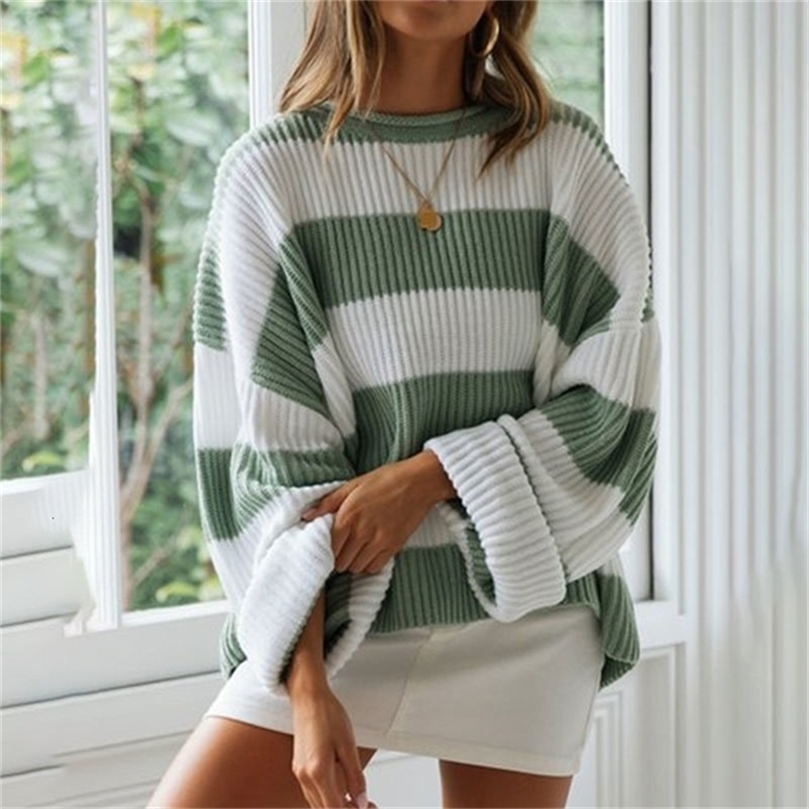 Women's Winter Sweater Stripes Pullover Long Sleeve O-Neck Curling Loose Ladies Sweaters Autumn Womens Jumpers 201221